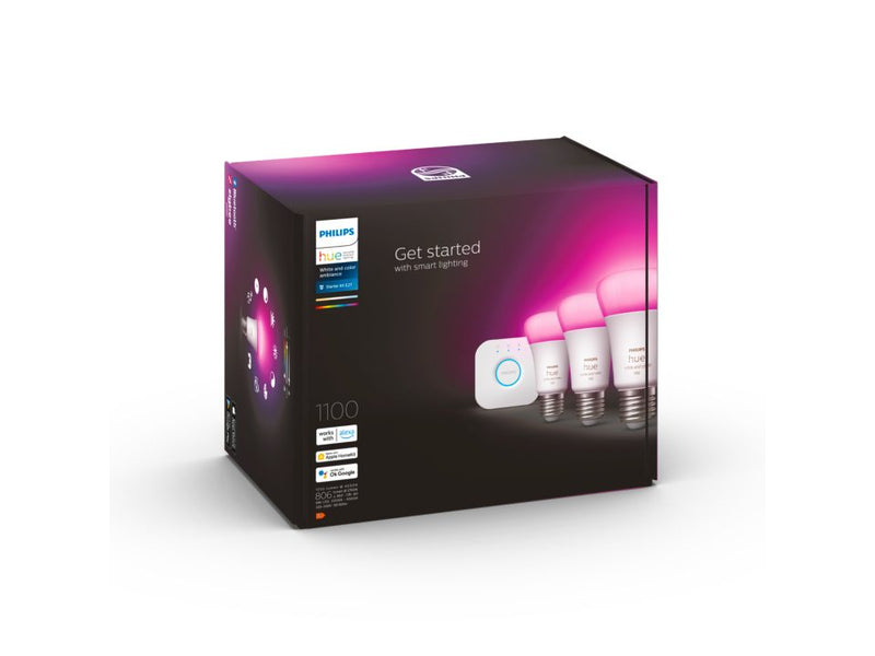 Kit de démarrage E27 Hue White and Color Ambiance (3ampoules+contrôle intelligent pont Hue) 1100LM